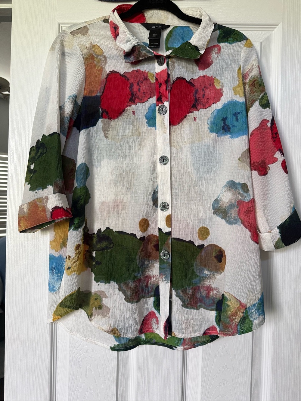 Ali Miles Multicolor Watercolor Button-Up Shirt — Red, Blue, Green
